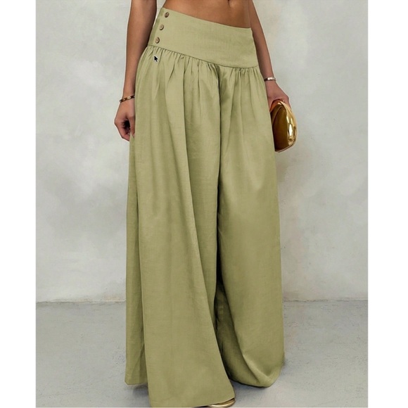 Bohemian Green Button Side Wide Leg Pants S M L XL